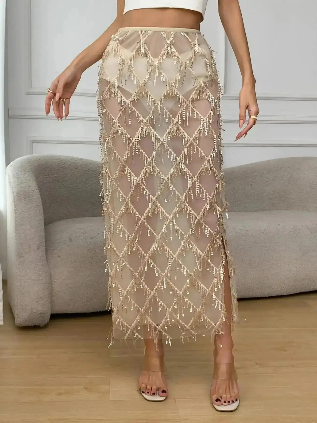 Mesh Diamond Grid Sequins Fringe Skirt, Sheer, Fit, Womenswear, Cool, Elegant and Glamorous, Trendy Parties, Light Social Events, Bestie Gatherings, Easy Styling, Casual Chic, Style Essential closet staple