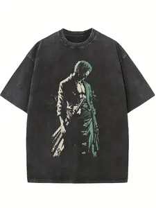 Roronoa Zoro graphic T-shirt, retro washed and distressed loose-fitting anime T-shirt, vintage pirate swordsman street style top, unisex, a perfect gift for anime lovers and One Piece fans.