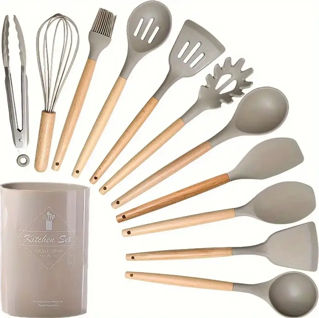 12 Pieces Silicone Kitchen Utensil Set, Wooden Handles, Durable, Heat-Resistant, for Cooking and Baking, Kitchen Supplies, Girly Kitchenware Black