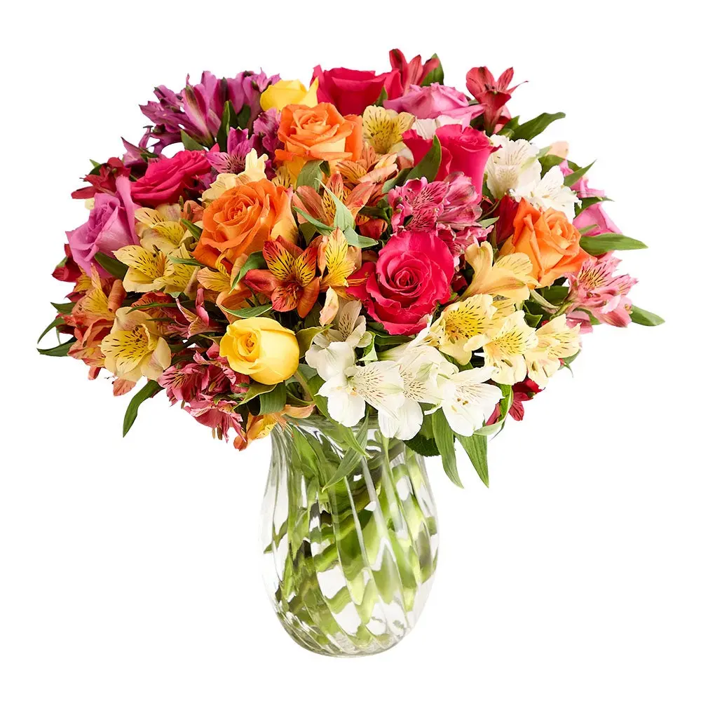 1800 Flowers – Assorted Bright Roses & Peruvian Lilies Double Bouquet (Clear Vase Included) | Fresh Cut Spring Flowers for Delivery |Gift for Spring, Anniversary, Sympathy, and Special Occasions