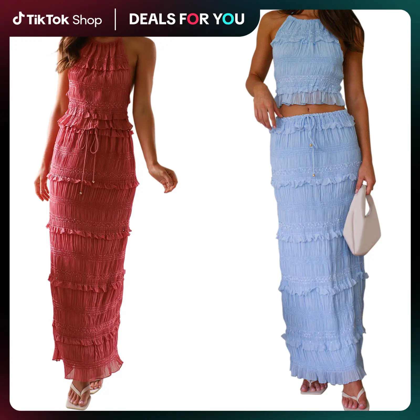 Dealsforyoudays Women Summer Outfit Shirred Tie-up Halter Neck Sleeveless Open Black Tank Tops Drawstring Long Skirt 2 Pcs Set Outdoorfun guest