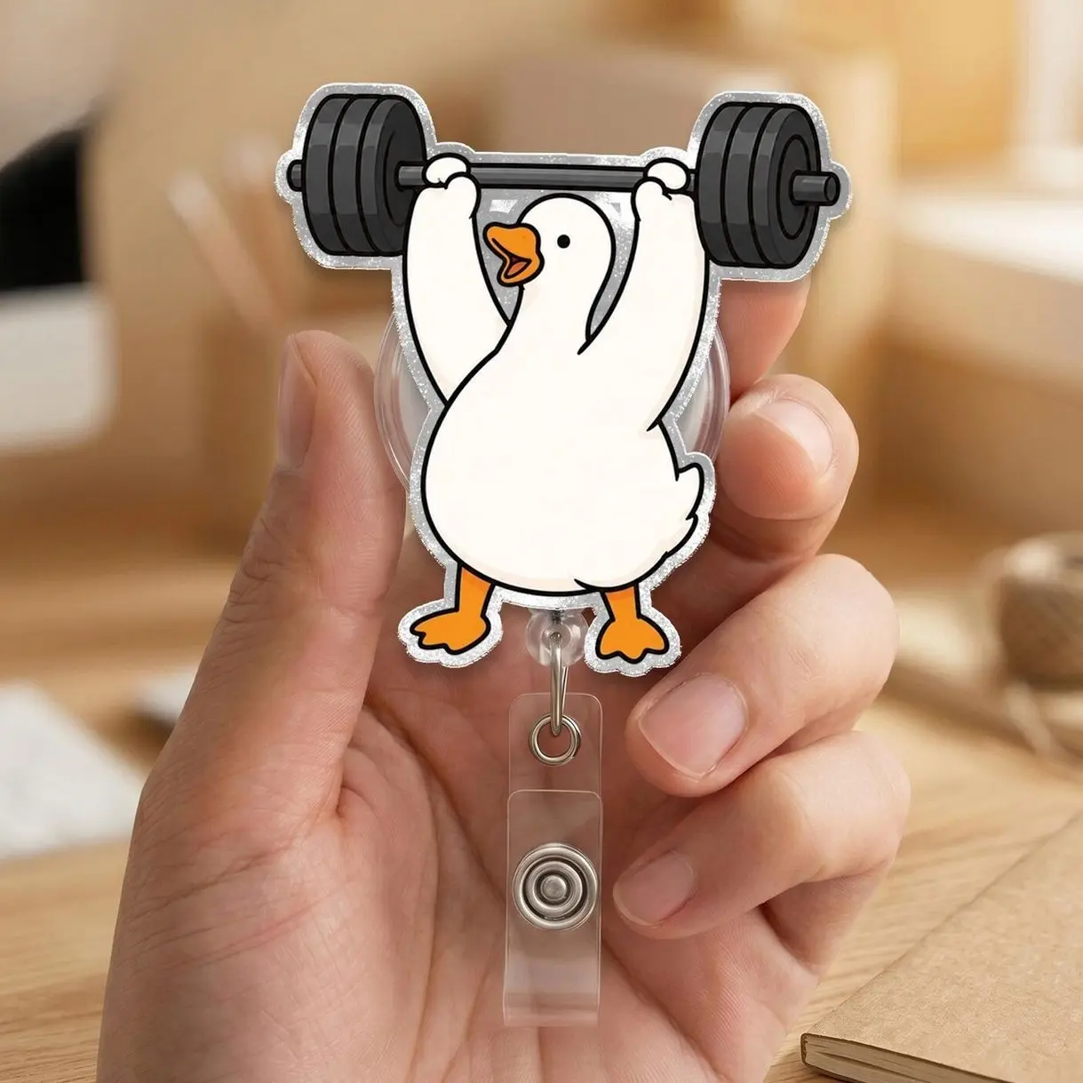 Funny Overhead Press Goose Gym Badge Reel | Retractable Barbell Weightlifter ID Tag | Gym Nurse Gift