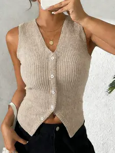 Women's Slim Fit Ribbed Knit Button Vest, Sleeveless V-Neck Crop Top Aesthetic, Perfect For Summer Outings & Y2K Fashion Style