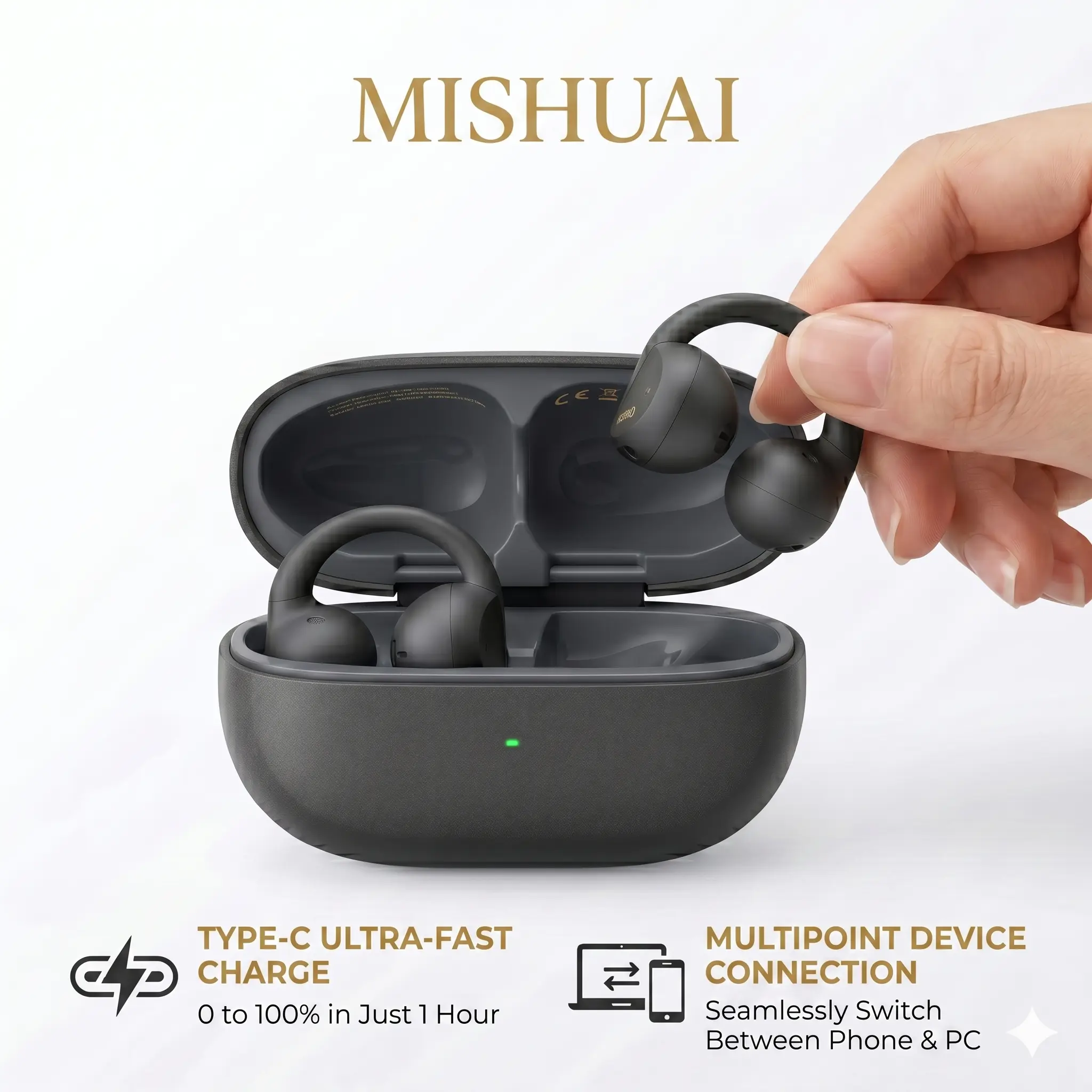 MiShuai MP10 Open Ear Clip On Earbuds | Ultra Light Comfort Wear, Secure Stable Fit Friendly For Small Ears, Bluetooth 6.0 Fast Connection, Large Driver Clear Sound, 40 Hours Long Battery Life, IPX4 Sweat Waterproof For Music & Calls