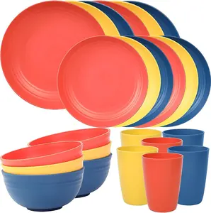 24 Piece Wheat Straw Dinnerware Sets of 6, Kitchen Plates and Bowls Sets, Unbreakable Plastic Dish Set for Camping, Dishwasher Microwave Safe, Kitchen and Dinning Essentials, Multi
