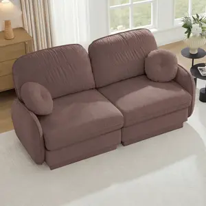 Chenille Cloud Sofa with Quilted Back Cushion & Round Pillows, 2-Layer Frame, Recessed Legs, Deep Ergonomic Seat, Easy Assembly, Elegant Modern Couch for Living Room