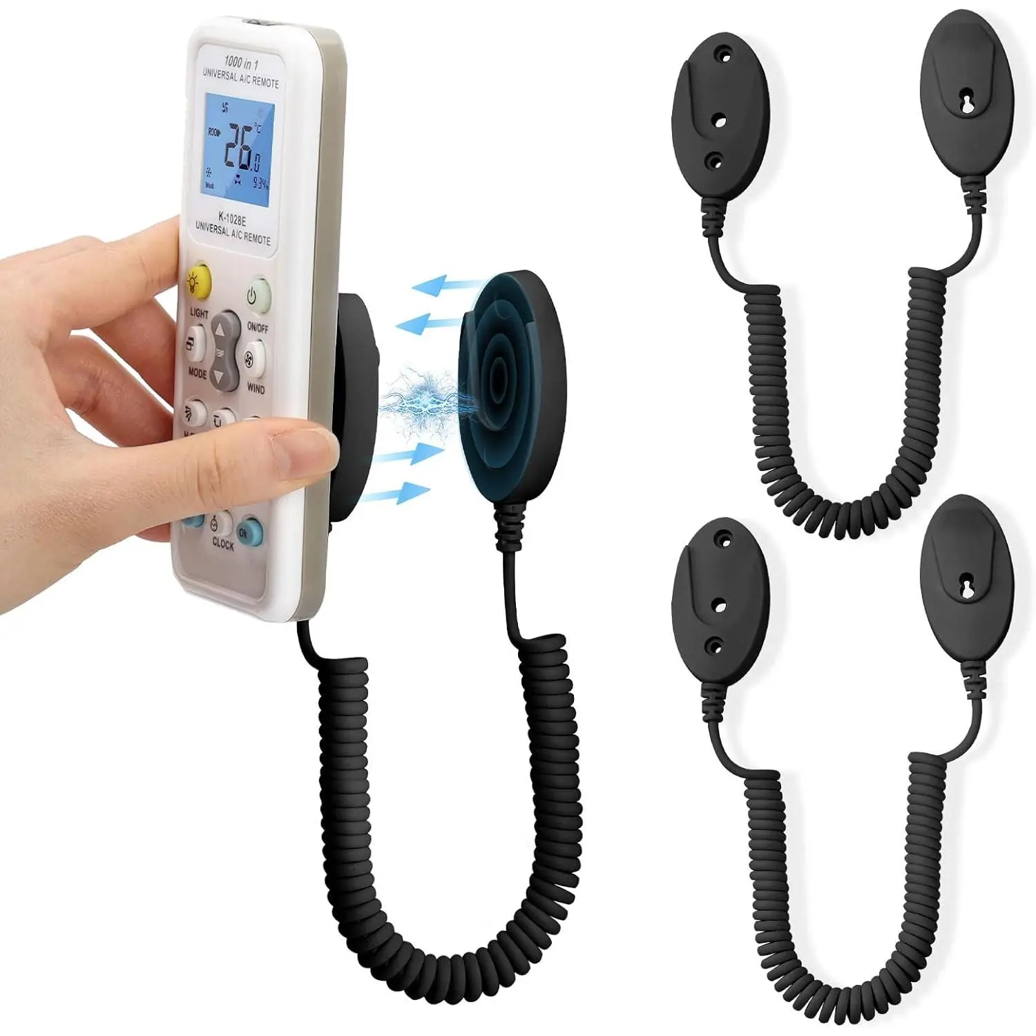 2-Pack Magnetic Remote Control Holders with Spring Ropes - Safely Secure Remotes & Small Items, Wall-Mount with Adhesive, Anti-Loss, Rapid Adsorption, Extendable Spring (Black 70 inch, 2 Pack)