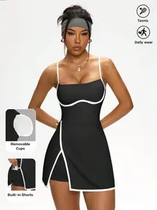 DORRIS Women's Contrast Piping Detachable Pads Cami Activewear Dress