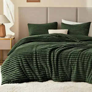 Comforter Set King Size - Soft Faux Fur Stripe Comforter 3 Pieces, Olive Green Fleece Bedding Set,Winter Warm Bed Set,1 Comforter with 2 Pillowcases