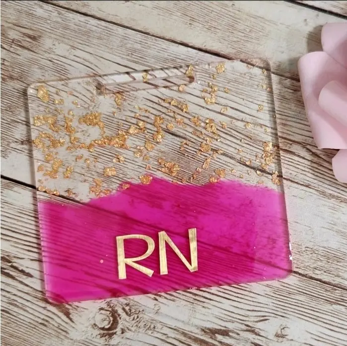 Pink & Gold Foil Horizontal Badge Buddy for Medical Professionals. RN Nurse Badge Buddy. Acrylic and Resin Glitter Badge Buddy doctor
