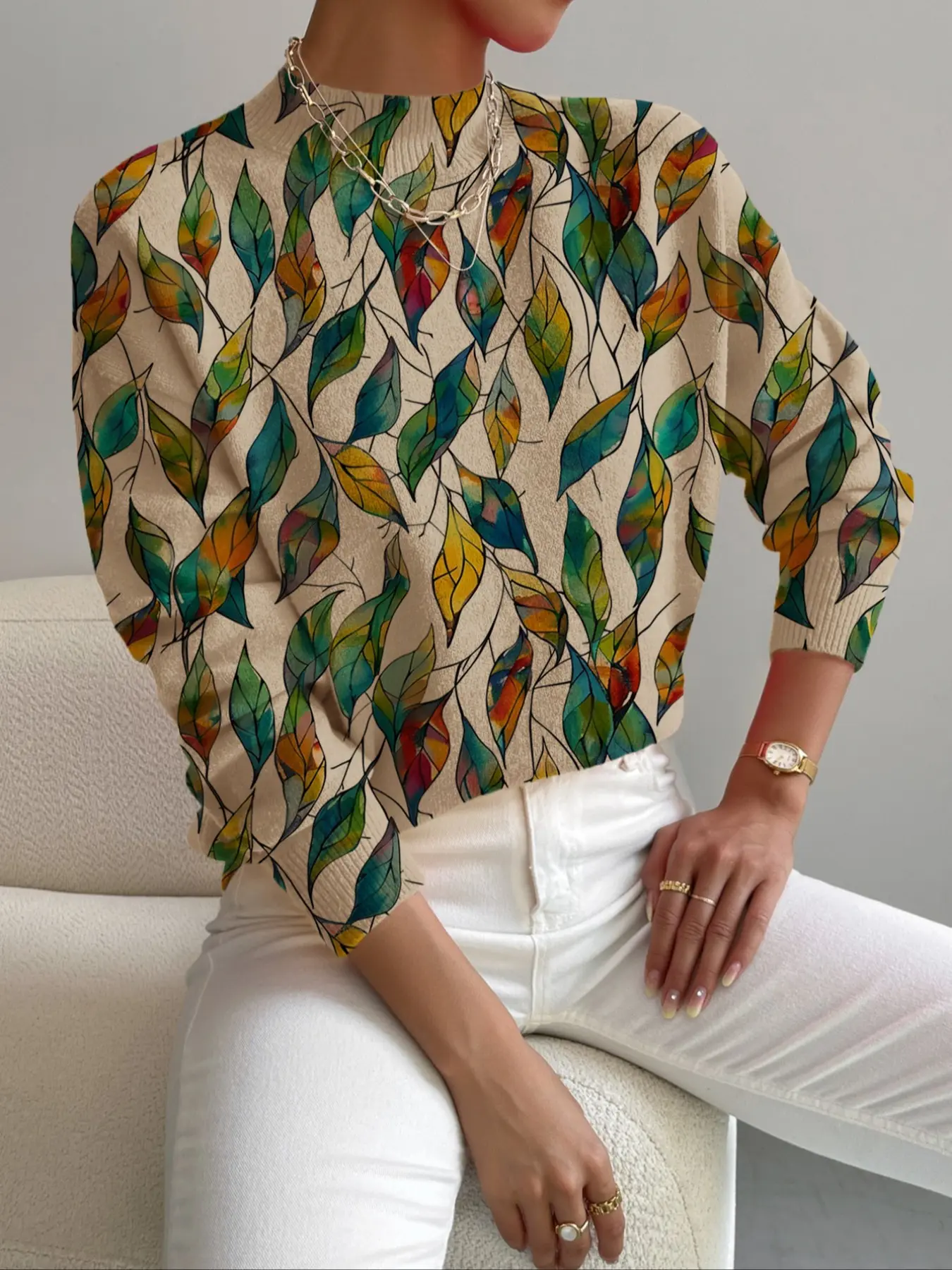Women's Colorful Leaf Print Knit Sweater, Casual Stand Collar Pullover for Spring Fall Winter, Elegant Commuter Wear