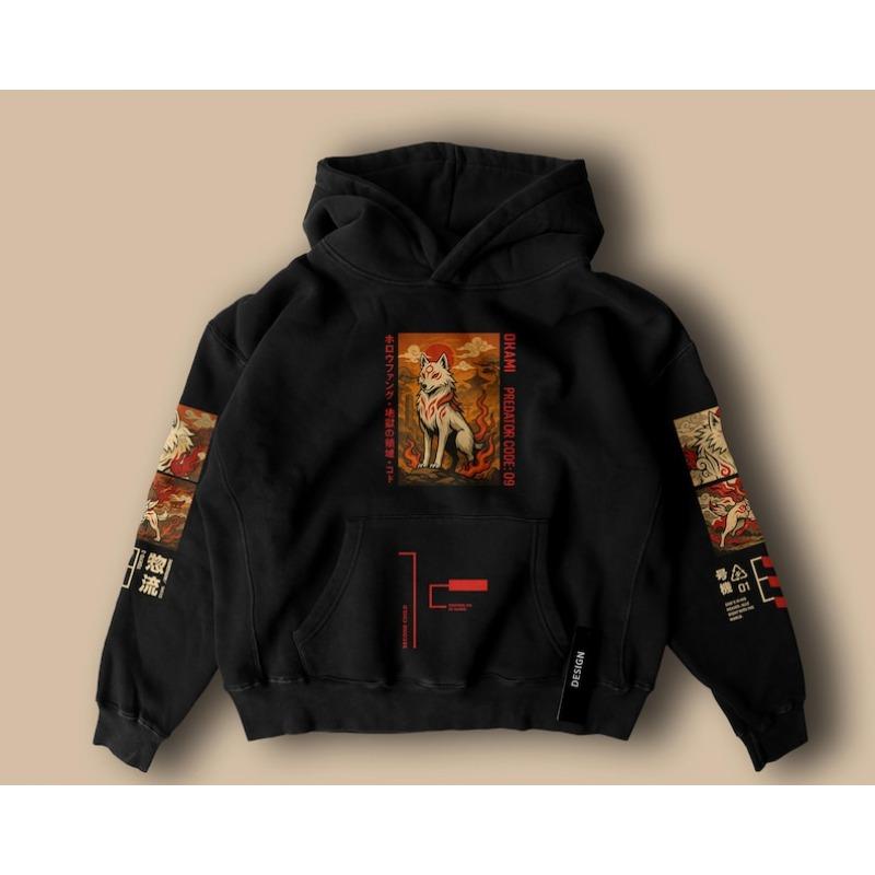 Okami Wolf Hoodie – Japanese Mythic Streetwear, Fire Spirit Techwear Hoodie, Oversized Unisex Gift