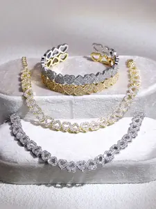 18k Gold-Plated Zircon Love Heart Tennis Chain Bangle Set, Heart Cuff Bracelet, Hollow Heart-Shaped Design, Elegant Jewelry for Women, Perfect Gift Idea