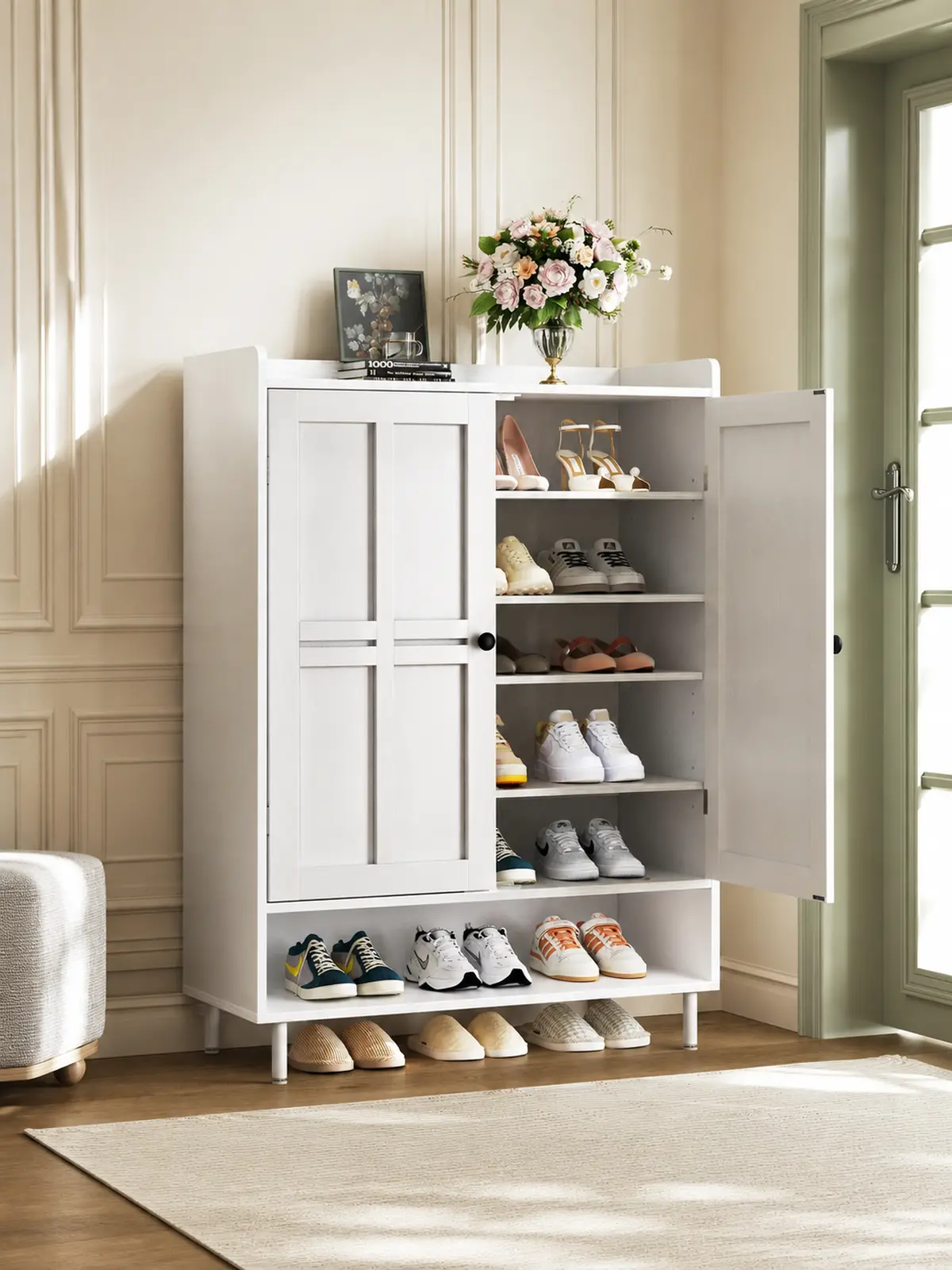 【18-24 Pairs & Adjustable Shelves】ONBRILL 7+1 Tier Farmhouse Shoe Storage Cabinet,  45'' Tall Modern Shoe Cabinet with Metal Legs, Shoes Rack Organizer Cabinet for Entryway, Front Door,Livingroom Bedroom Furniture,Christmas Gift【SummerFinds】
