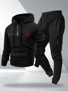 Autumn Winter Gradient Letter Hoodie Tracksuit Set, Men's Half-Zip Hooded Sweatshirt & Long Pants, Casual Loose Fit, Sporty Fashion