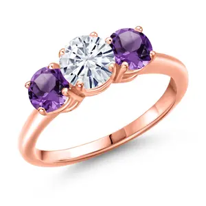 Gem Stone King 3-Stone Ring for Women in 18K Rose Gold Plated Silver | White Moissanite and Gemstone Birthstone | Wedding Anniversary Promise Engagement Ring