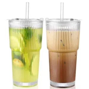 20oz Ribbed Glass Tumblers with Lids & Straws, 1/2/4/8-Pcs Glassware Set, Thickened, Reusable and Portable Glass, Ideal for Iced Coffee, Tea, Juice, Cocktails & More – Elegant and Durable Drinkware