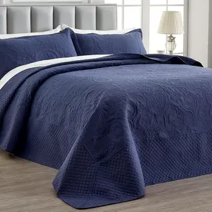 Oversized King Bedspreads, 3 Piece Soft Microfiber Lightweight Oversized King Quilt 128x120, Elegant Paisley Ultrasonic California King Bedspread Bedding Coverlets, Navy Blue