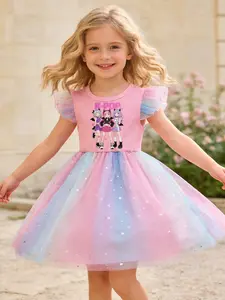 Adorable Toddler Girl Puffy Dress, Cute Cartoon Anime Little Demon K-Pop Princess Dress, Knit Top & Star Sheer Skirt, Birthday Party Wear, Birthday Dresses, 4-7 Years