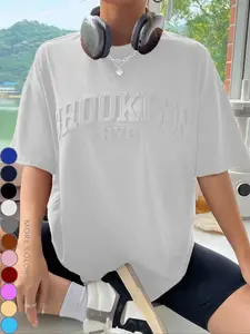 Women's Brooklyn Nyc Printed Loose T-Shirt, Spring & Fall American Vintage Street Style, Round Neck Drop Shoulder, Soft Cotton Fabric