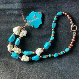 Vintage Rustic Copper & Turquoise Statement Necklace with Wire-Wrapped Pendant