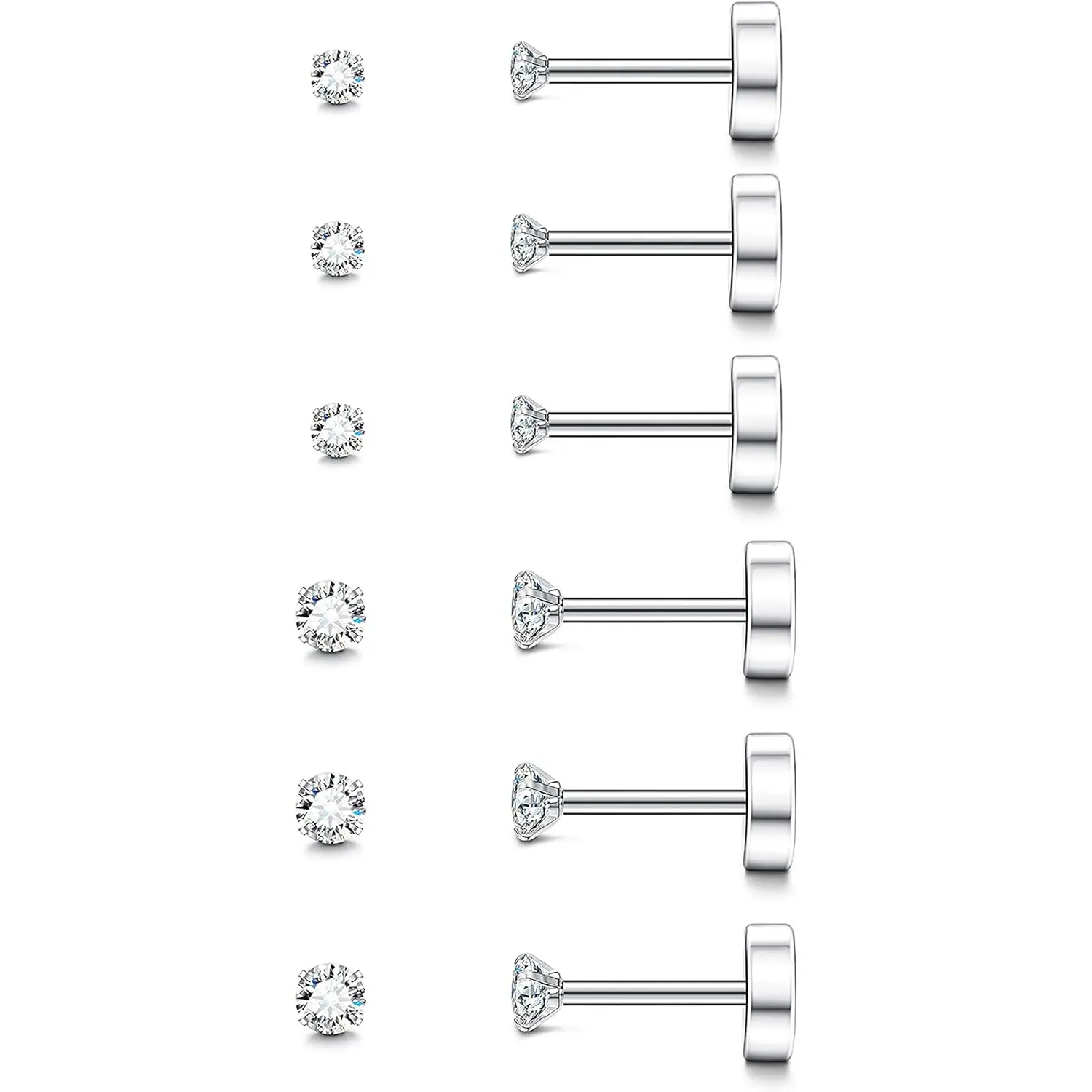 C. 6Pairs Tiny Earrings, 2mm 3mm