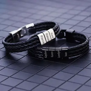 AS030 Customized Engrave Men's Leather Bracelet Stainless Steel Ring Leather Woven Bracelet