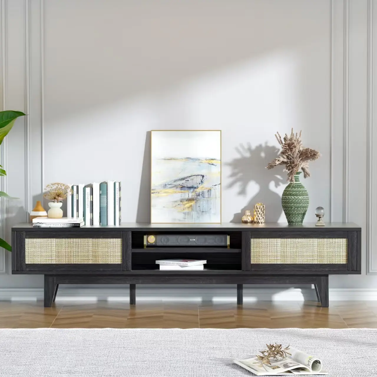 Topwin Movable Rattan TV Cabinet with Storage – Stylish and Functional Entertainment Unit with Wheels for Easy Mobility tv Table Modern Shelf Wood