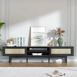 Topwin Movable Rattan TV Cabinet with Storage – Stylish and Functional Entertainment Unit with Wheels for Easy Mobility tv Table Modern Shelf Wood