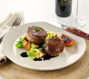 QVC Rastelli's 8x5-oz Bacon Wrapped Filet Mignons Hand-Trimmed Black Angus Beef Steaks Vacuum Sealed Ready to Grill