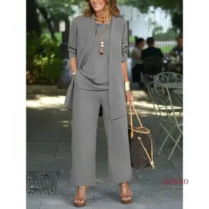 Women's Chic Solid Three-Piece Outfit Set - Comfortable Long Sleeve Cardigan, Versatile Top & Sleek Pants - Everyday Casual Wear Perfect for Office Work Shopping Daily Activities Fashionable Ladies ClothingKMyB