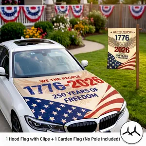 Vintage American Flag Car Hood Cover & Double Sided Burlap Garden Flag Bundle - With Reinforced Triangle Clips - Fits SUV Truck Sedan -USA 250th Anniversary, 4th of July, Independence Day- Patriotic Eagle Decor - We The People Commemorative Edition
