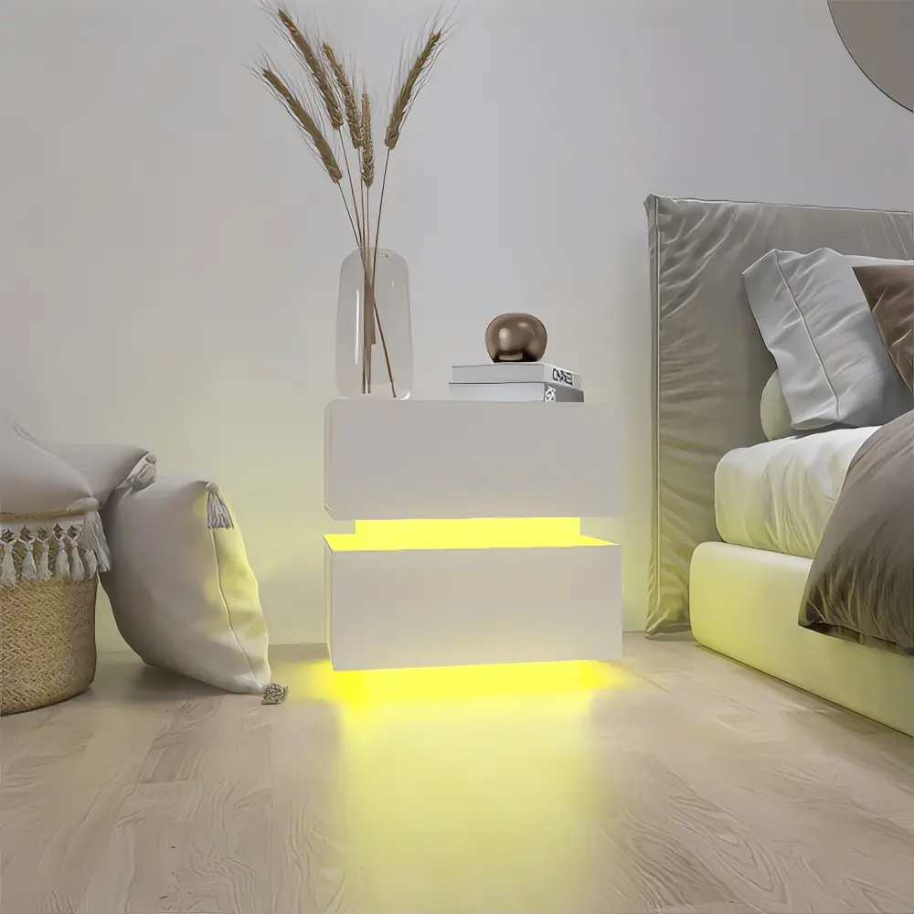 Modern White High-Gloss Nightstand with Bluetooth-Controlled RGB LED Lights, 2 Storage Drawers, Bedroom Bedside Table for Indoor Children's Room Decor