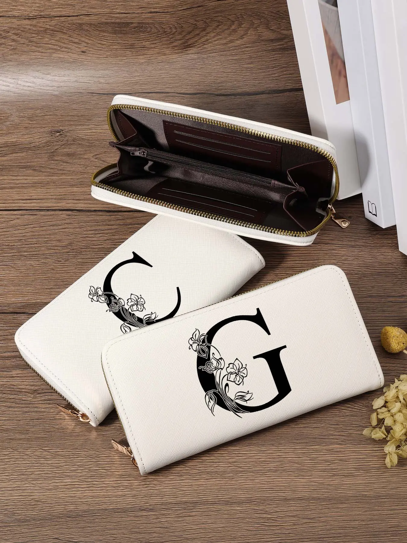 Elegant Initial Floral Line Art Long Zipper Wallet, Stylish Large Capacity Monogram Clutch Bag Portable Lightweight Multi-Slot Card Holder for Daily Life