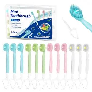 Box of 12 Disposable Mini Toothbrushes with Pre-pasted Toothpaste, Tongue Scraper, and Toothpick – All-in-One Oral Care Toothbrush Set for Fresh Breath at Work or While Traveling, No Water Needed