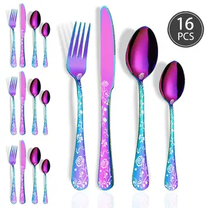 Valentine's Day Complete Cutlery Set, Dinnerware Service Set, Rose and Heart Pattern, Includes Knife, Fork, Spoon, Dessert Spoon, Mirror Polished, Dishwasher Safe
