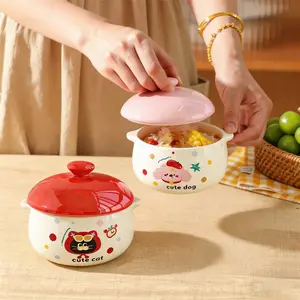 Ceramic Bowl with Lid, 350ML Microwave Steamer Bowl for Egg Custard, Single Serve Soup Bowl, Durable Ceramic Material