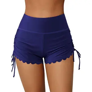 [Stretchy Swim Shorts] Stretchy Spandex/Polyester Blend Women's High Waist Swim Shorts with Drawstring & Wavy Hem |   Solid Navy Blue, Summer Bathing & Surfing Bottoms, Quality Beach Apparel