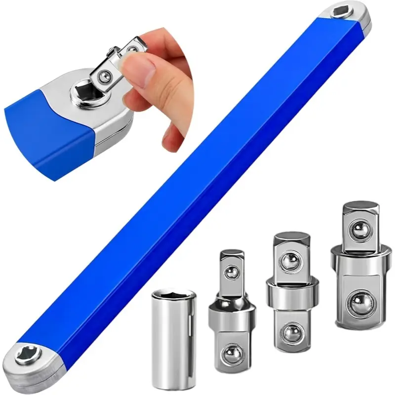 15-inch Heavy-duty Offset Extension Wrench Set, Including 4 Adapters (1/4", 3/8", 1/2", 3/8" Drive) And Non-rotating Lever Ratchet Wrench, Made Of High-carbon SAE Material, Professional Grade Suitable For Automotive Maintenance And Tight Spaces.