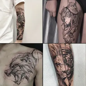 6 Large Herbal Tattoo Stickers, Including Carp, Geisha, Wolf, Lion and Tiger Elements, and 2 One Random Design for 7-15 Days, Waterproof and Anti-Friction, Realistic Effect, suitable for People Who Don't Want Tattoo Pain
