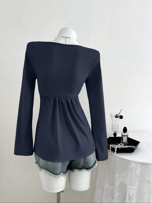 26 Valentine's Day Autumn/Winter Shot Pure Desire Style Casual Fashion Apricot Square Neck Chest Wrinkled Doll Shirt Long Sleeve Women's T-shirt