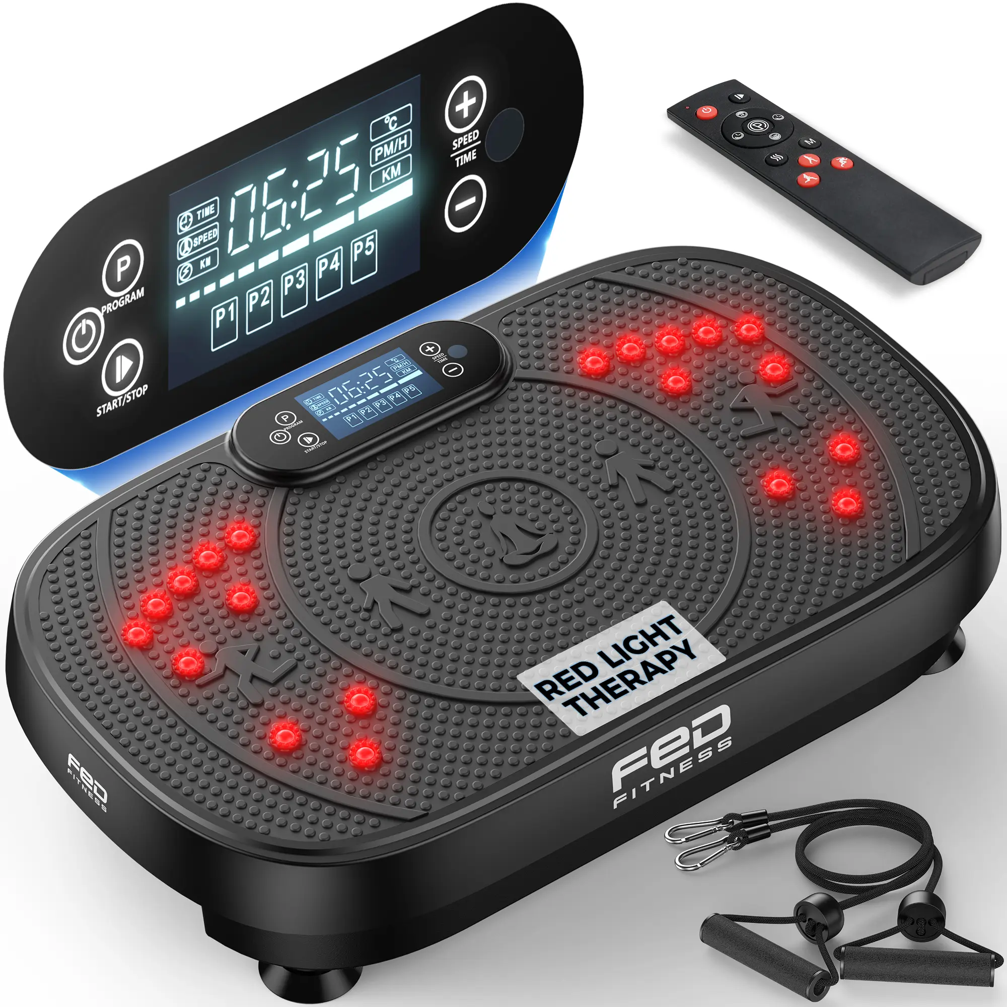 FED Fitness FLYBIRD VP11 Vibratory Plate Exercise Machine - Dual Red & Near-Infrared LED Panels, 120 Adjustable Speeds, 350 LBS Capacity, Included Resistance Bands for Home Full-Body Fitness, Vibratory Plate Machine
