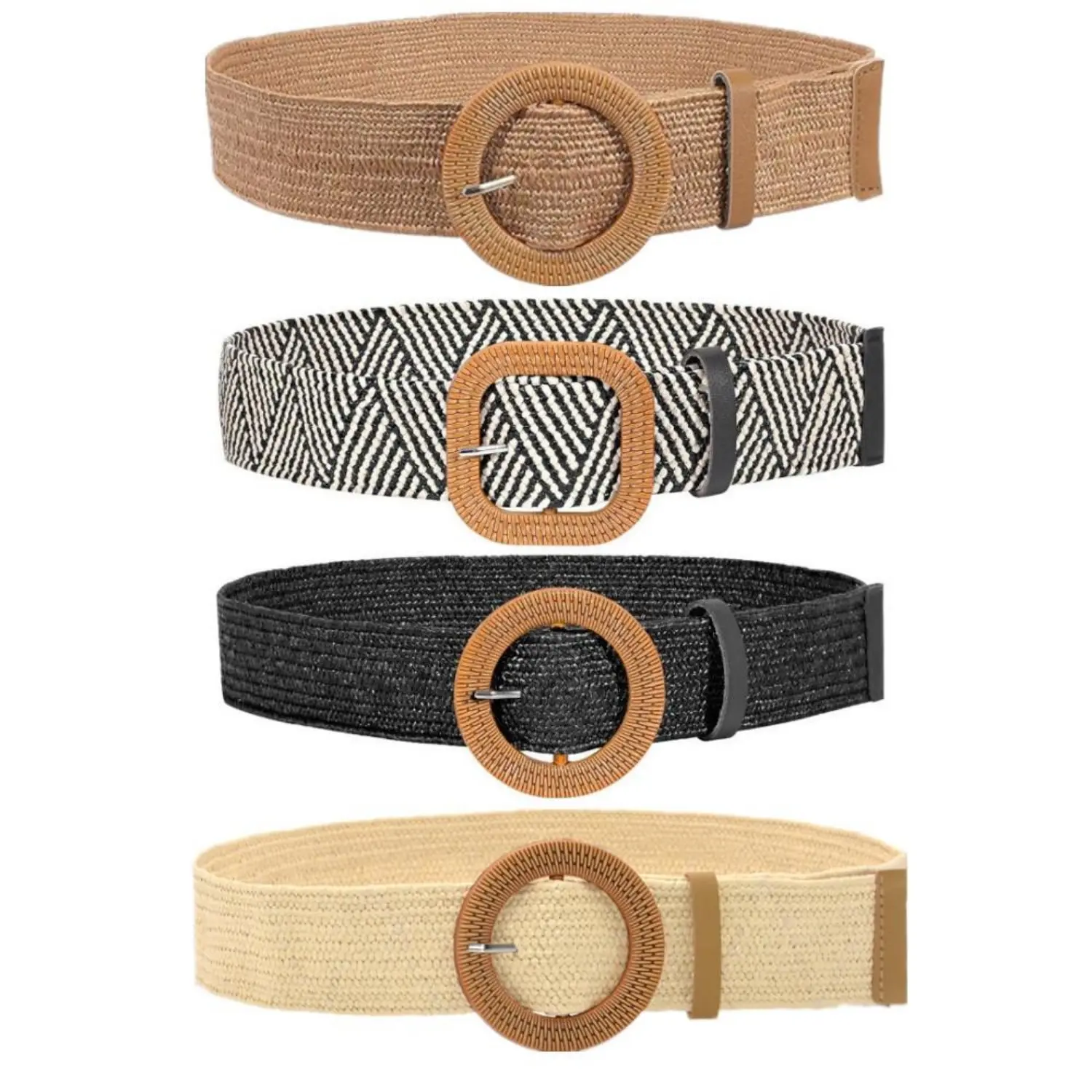 Women's 4Pcs Durable Nature Rattan Straw Woven Elastic Stretch 1.9in Adjustable Strap Design Waist Belts with Belt Loop, Female Boho Raffia Dress Waist Bands (Black+Beige+Khaki+Stripe) - Home Improvement, Building Supplies, Wallpaper & Wall Trim, Adjustab