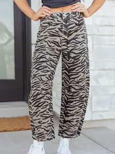 Women's Gray Zebra Print Wide Leg Barrel Jeans - High Waisted Relaxed Fit Stretchy Denim Pants