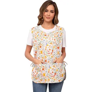 Women Cobbler Apron with 2 Patch Pockets Cotton printed Smock with Side Ties for Work Chef kitchen CF3187