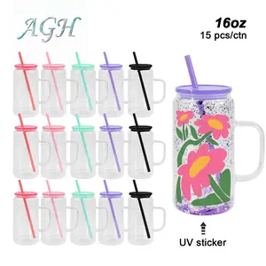 AGH US 16OZ/20OZ Snow Globe double Wall Glass Handle Tumbler with Mixed Color Plastic Lids 15pcs/Carton Packaging-Upgraded Version