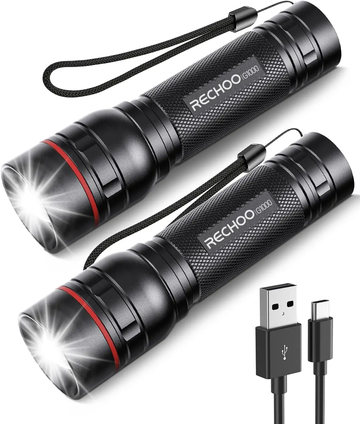 2-Pack Rechargeable High-Lumen Tactical LED Flashlights (G1000 Model) - 3 Lighting Modes Including Emergency Mode, Small Portable Design with Rubber Cover, Waterproof IP65 for Outdoor Rain, Camping Home Use (Batteries Included)