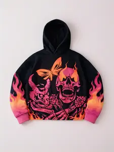 Men’s retro street-style loose-fit hooded sweatshirt with pink flame skeleton butterfly print; Y2K aesthetic, Harajuku-inspired pullover; unisex design; heavy urban loose fit; suitable for both men and women; rock alternative style; graphic top.