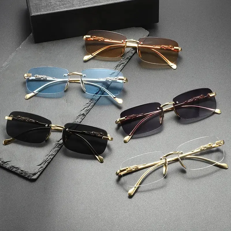 Rimless Rectangle Sunglasses for Women Men, Retro Y2K Metal Temple Shades, Lightweight Square Frameless Eyewear, Trendy Streetwear Glasses for Travel, Festivals, Driving, Everyday Fashion Style