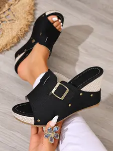 Summer Women's Chunky Heel Sandals Textile Upper New Rivet Fish Mouth Buckle Fashion Ladies Shoes, Stylish Open Toe Footwear for Casual Wear